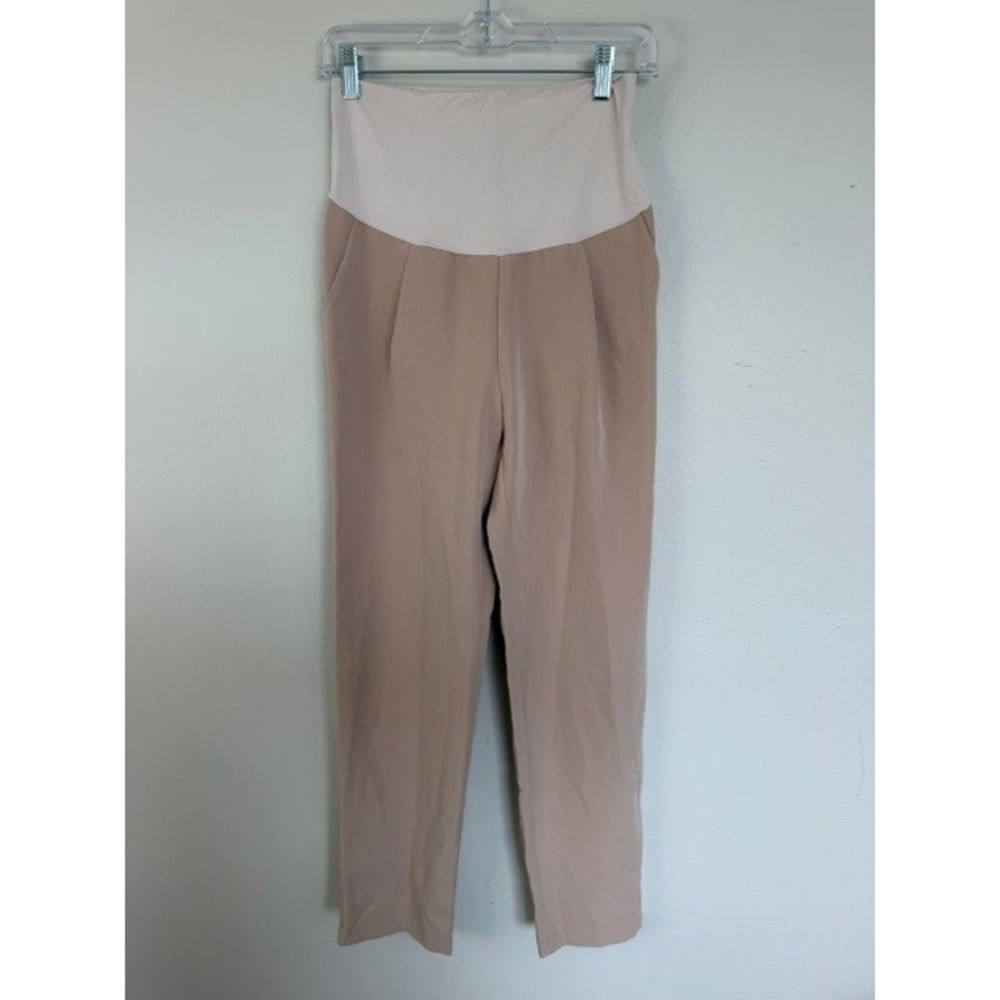 Hello Miz Maternity Dress Pants Tan Over Belly Elastic Panel Tapered Leg Small